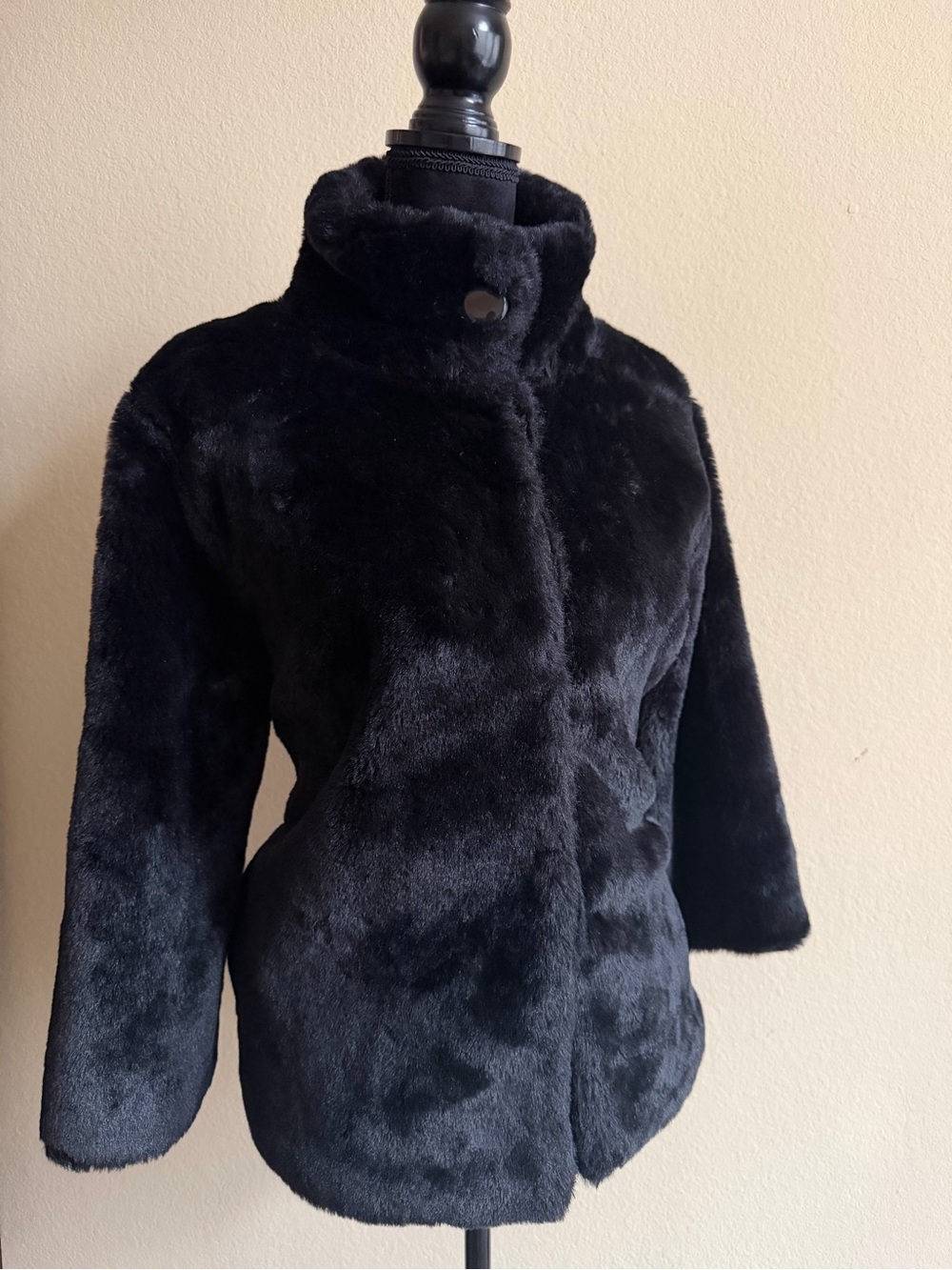 Tulle Black Faux Fur Stand Collar Teddy Jacket